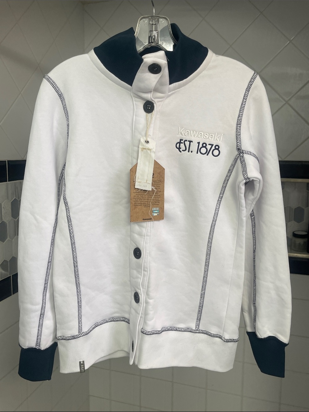 Kawasaki EST 1878 White/Navy Button-Front High Neck Riders  Jacket NWT 1952
